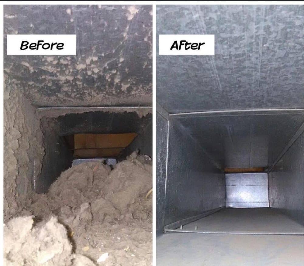Side-by-side comparison of a dirty air duct labeled "Before" on the left, and a clean air duct labeled "After" on the right. Witness the transformative power of AIR DUCT CLEANING Sacramento to improve your home's air quality.