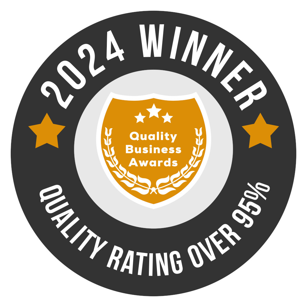 A round badge with "2024 Winner, Quality Rating Over 95%" in white text on a black border, featuring an orange shield labeled "Quality Business Awards," recognizing excellence in HVAC MAINTENANCE Sacramento.