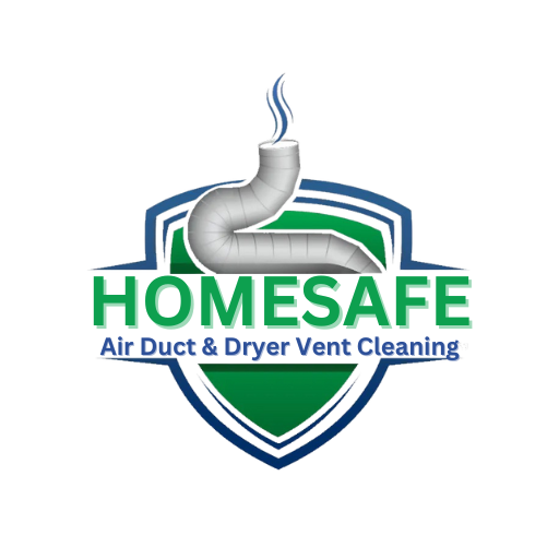 Logo for HomeSafe Air Duct & Dryer Vent Cleaning in Sacramento, featuring a shield and ductwork emitting air at the top.